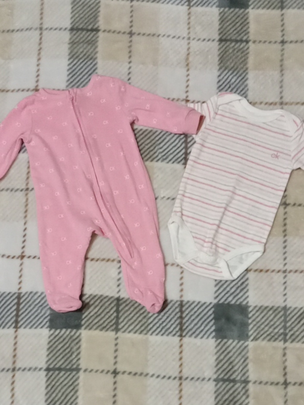 Calvin Klein Pink Footed One-Piece with White & Pink Stripe Bodysuit